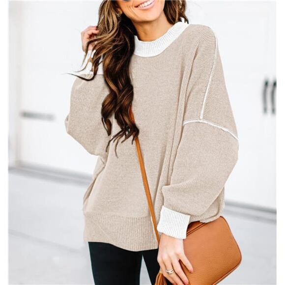 Womens Oversized Sweaters ‎ Batwing Sleeve Colorblock Knit Pullover Sweater Tops - Picture 4 of 6